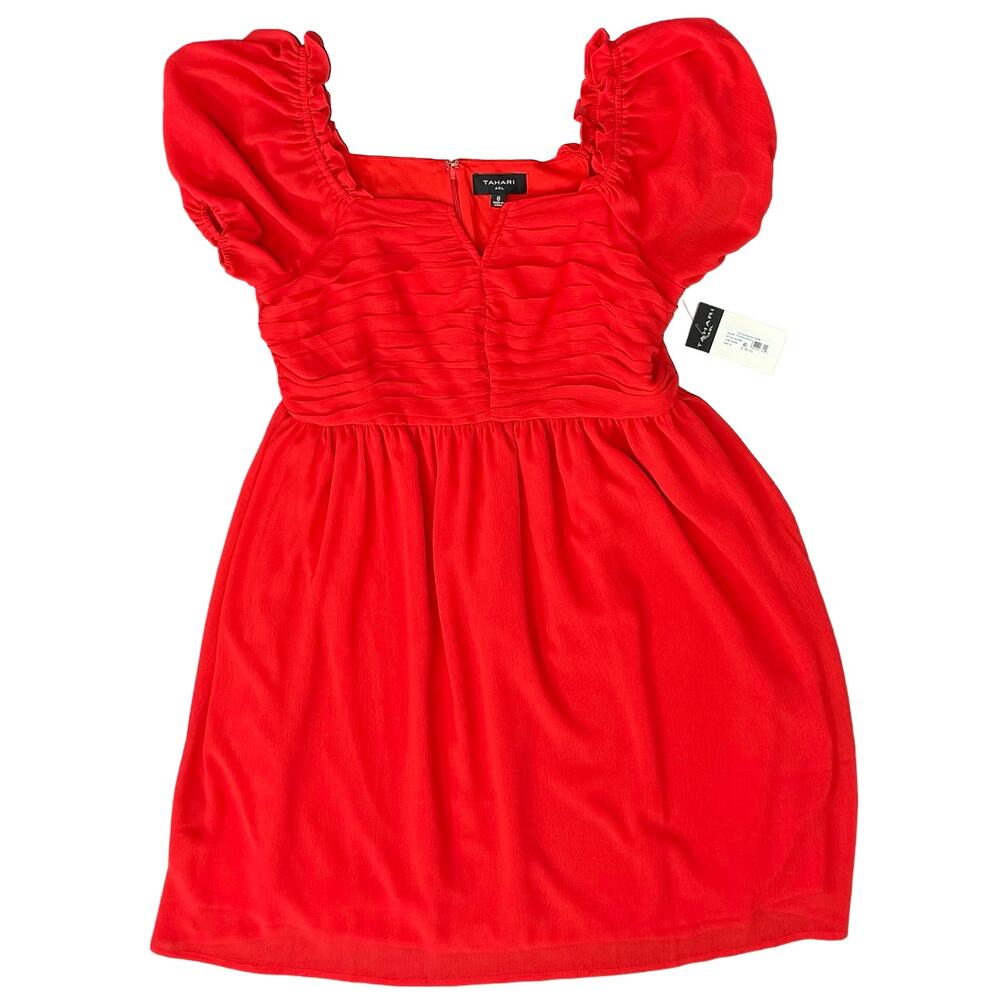 Tahari ASL Cherry Red Chiffon Short Puff Sleeve Notch Mini Dress size 8 NEW Tags - Picture 11 of 11